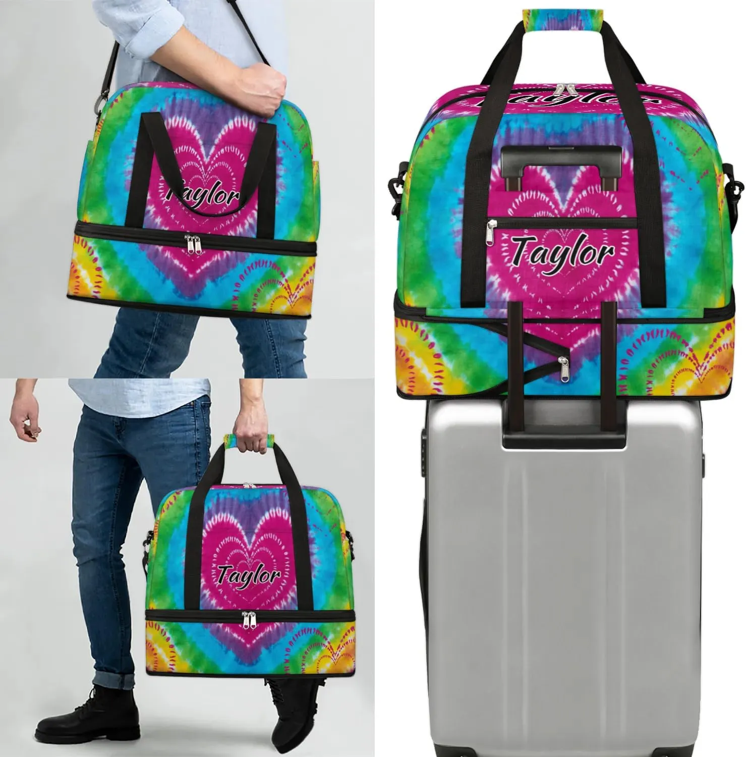 Customized Gym Bag for Women, Personalized Tie Dye Design Travel Duffel Bag with Name, Tie Dye Weekender Overnight Bag with Shoes Compartment for Men Travel Yoga