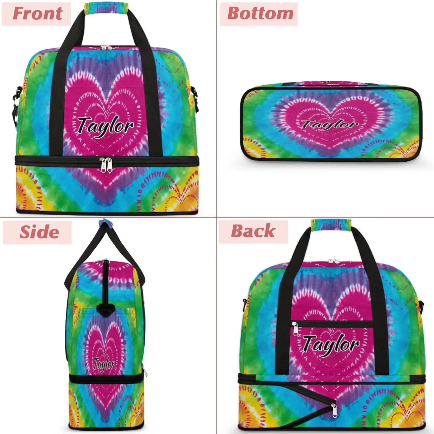 Customized Gym Bag for Women, Personalized Tie Dye Design Travel Duffel Bag with Name, Tie Dye Weekender Overnight Bag with Shoes Compartment for Men Travel Yoga