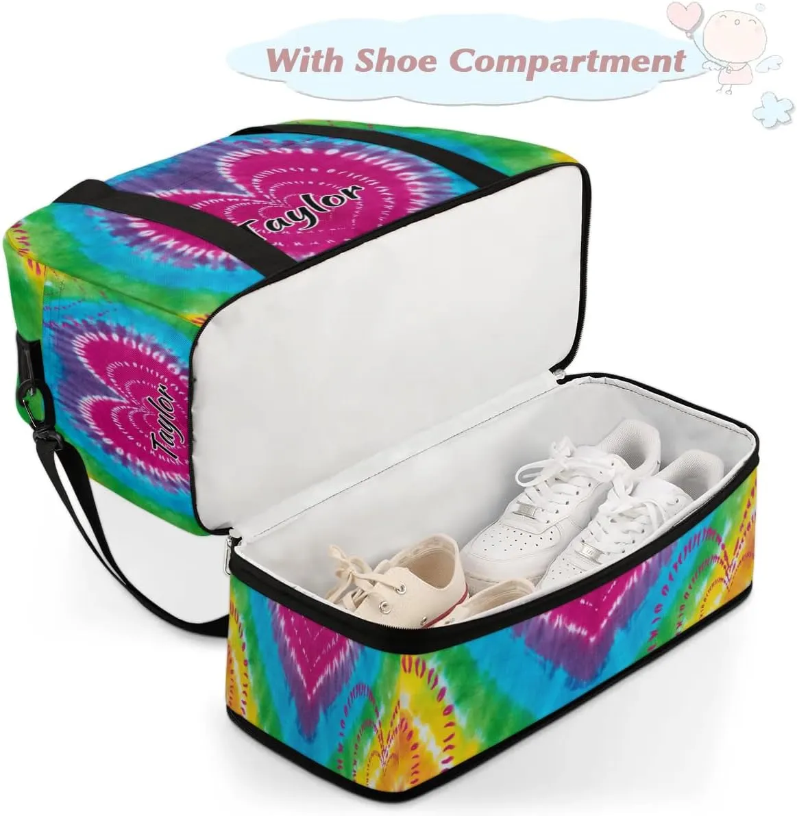 Customized Gym Bag for Women, Personalized Tie Dye Design Travel Duffel Bag with Name, Tie Dye Weekender Overnight Bag with Shoes Compartment for Men Travel Yoga