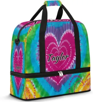 Customized Gym Bag for Women, Personalized Tie Dye Design Travel Duffel Bag with Name, Tie Dye Weekender Overnight Bag with Shoes Compartment for Men Travel Yoga