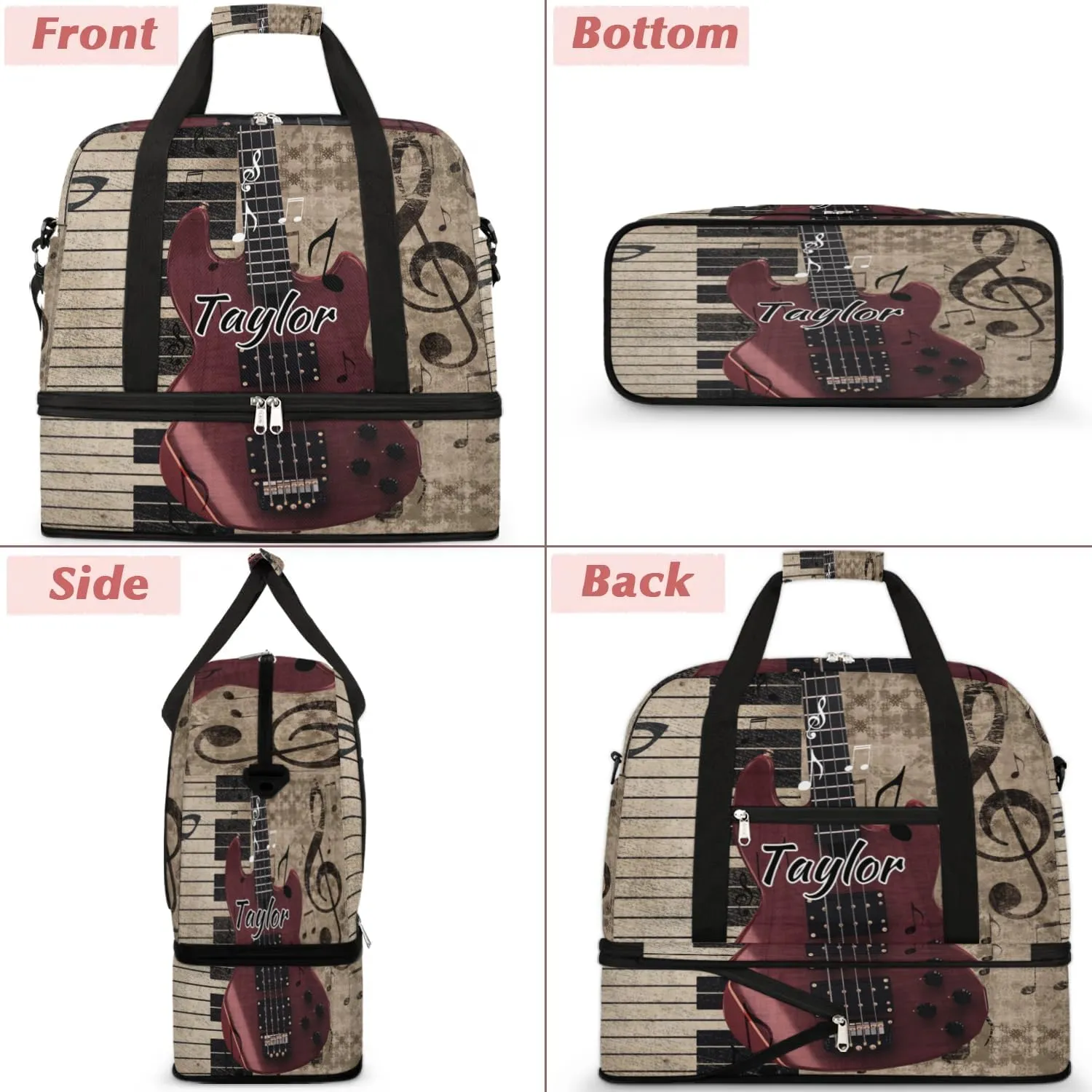Customized Gym Bag for Women, Personalized Vintage Guitar Travel Duffel Bag with Name, Music Piano Weekender Overnight Bag with Shoes Compartment for Men Travel Yoga