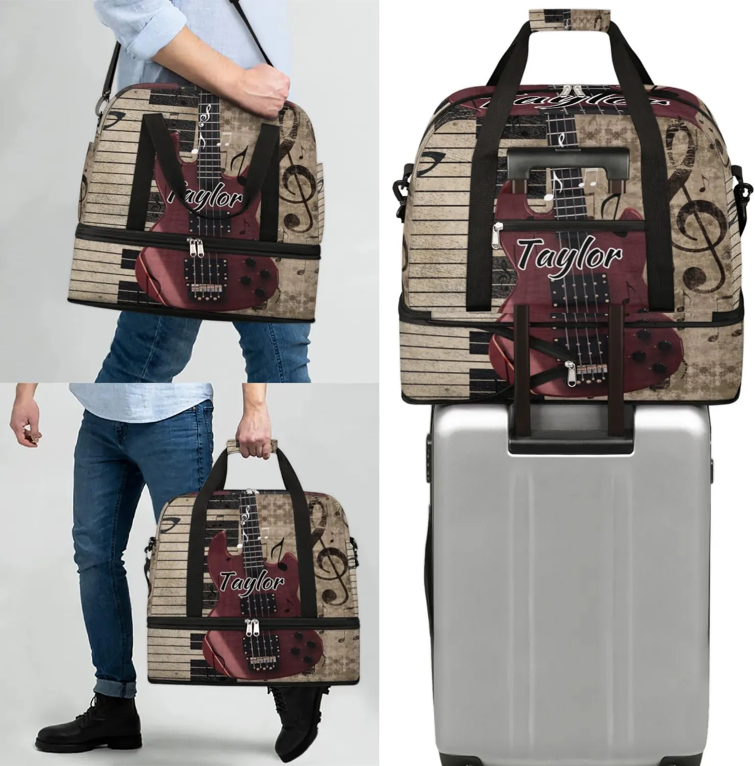 Customized Gym Bag for Women, Personalized Vintage Guitar Travel Duffel Bag with Name, Music Piano Weekender Overnight Bag with Shoes Compartment for Men Travel Yoga