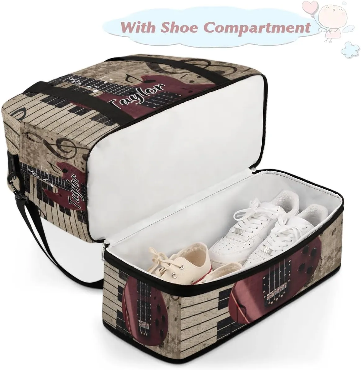 Customized Gym Bag for Women, Personalized Vintage Guitar Travel Duffel Bag with Name, Music Piano Weekender Overnight Bag with Shoes Compartment for Men Travel Yoga