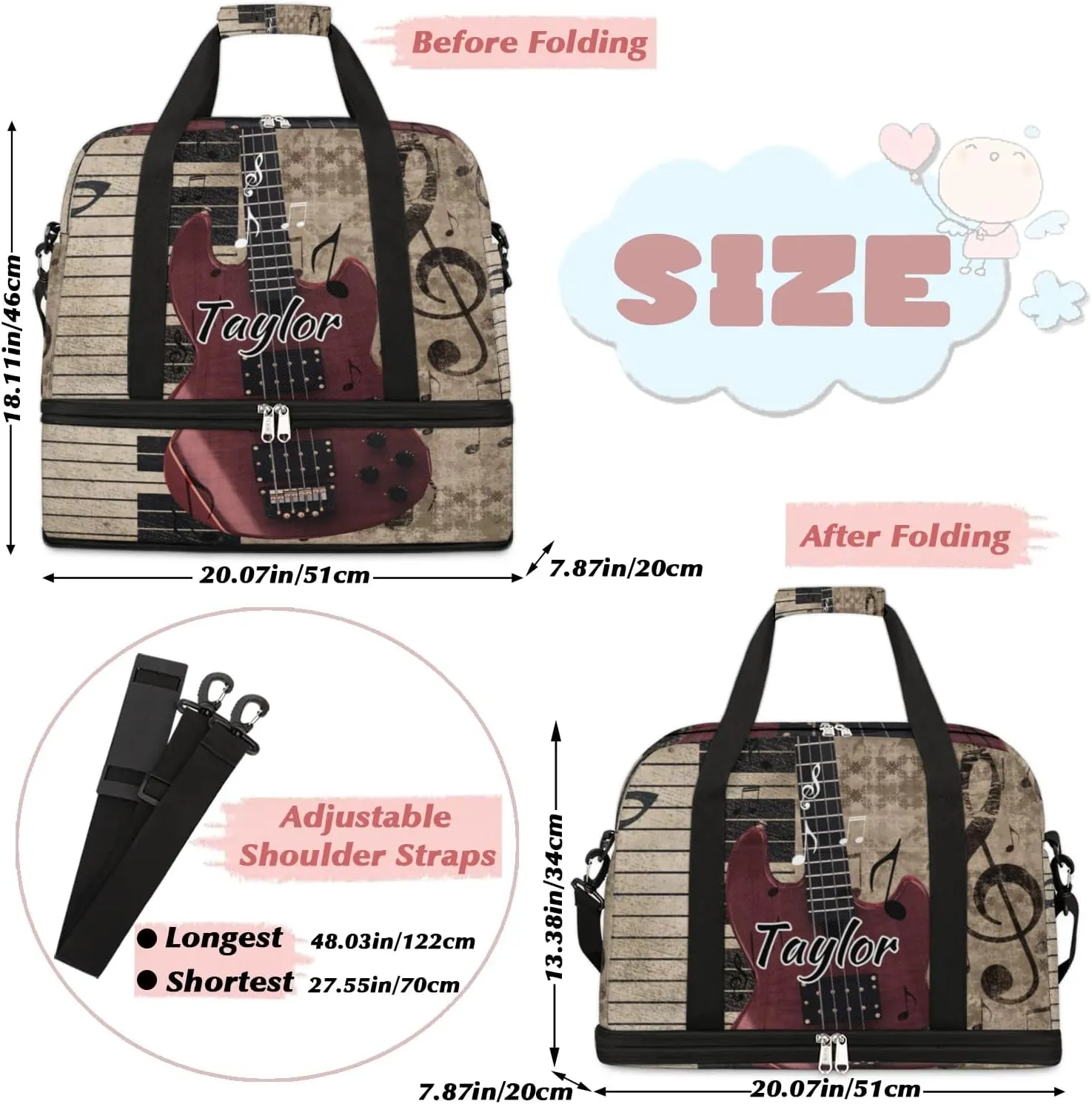 Customized Gym Bag for Women, Personalized Vintage Guitar Travel Duffel Bag with Name, Music Piano Weekender Overnight Bag with Shoes Compartment for Men Travel Yoga