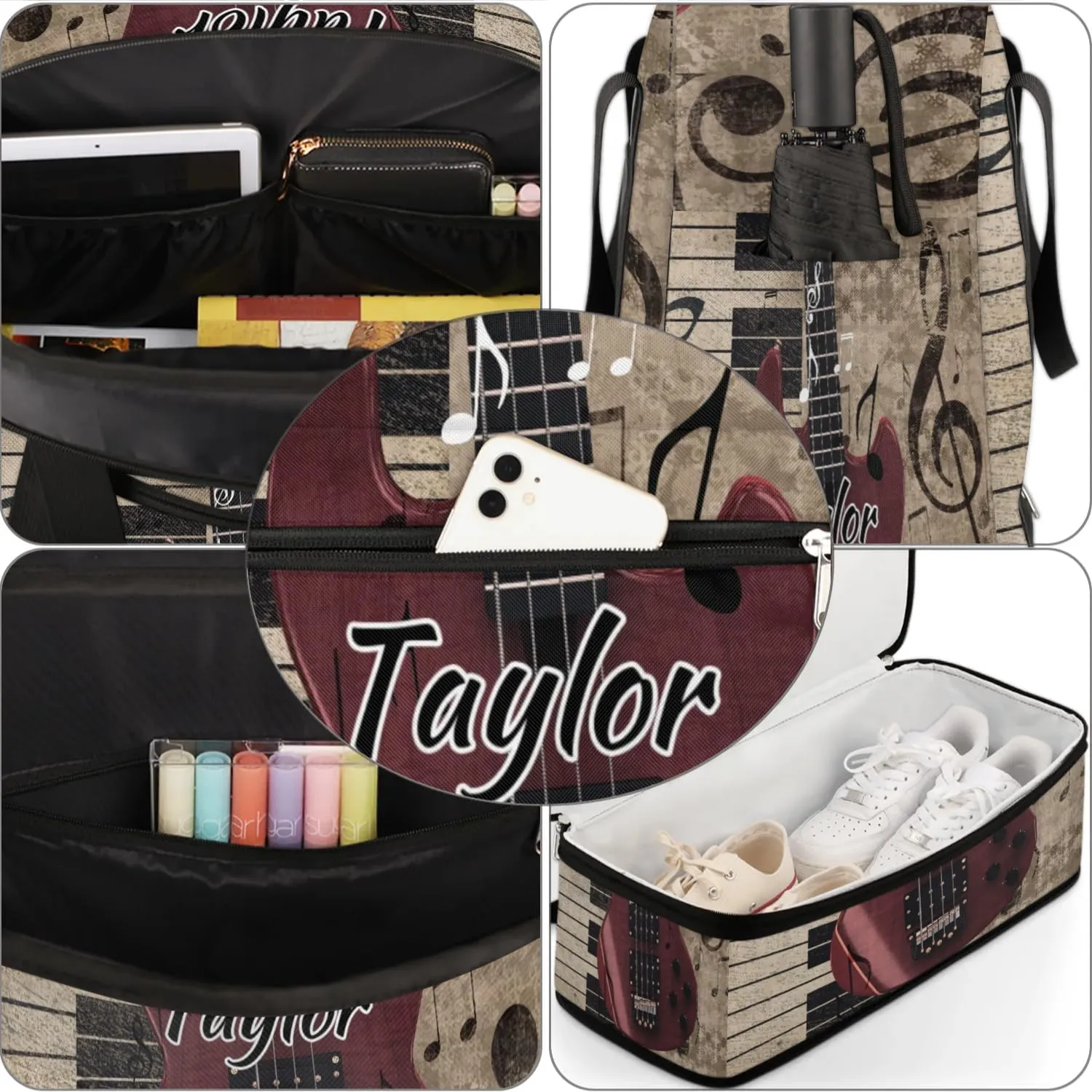 Customized Gym Bag for Women, Personalized Vintage Guitar Travel Duffel Bag with Name, Music Piano Weekender Overnight Bag with Shoes Compartment for Men Travel Yoga