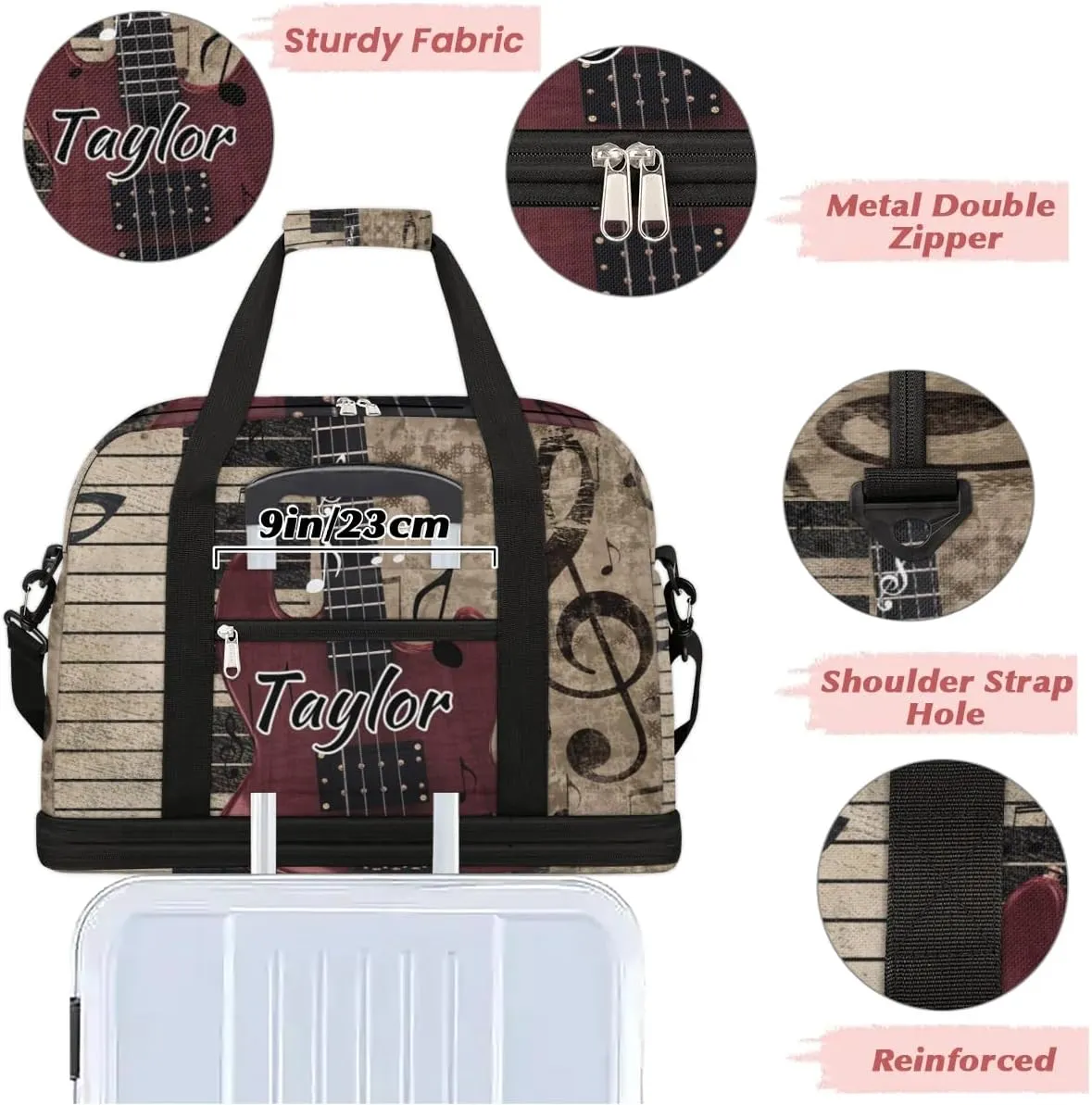 Customized Gym Bag for Women, Personalized Vintage Guitar Travel Duffel Bag with Name, Music Piano Weekender Overnight Bag with Shoes Compartment for Men Travel Yoga
