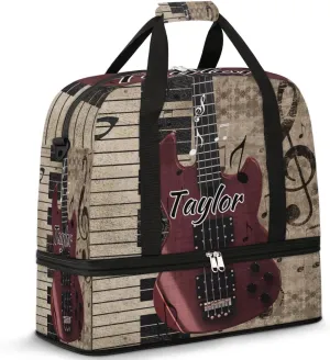 Customized Gym Bag for Women, Personalized Vintage Guitar Travel Duffel Bag with Name, Music Piano Weekender Overnight Bag with Shoes Compartment for Men Travel Yoga