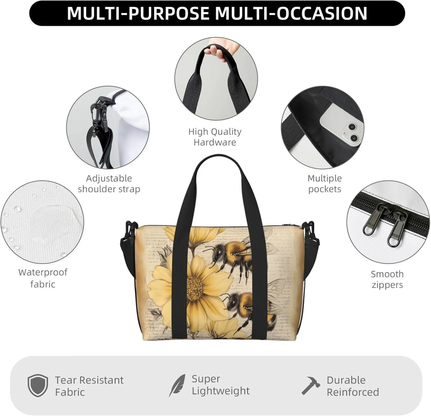 cute bee print Travel Duffel Bag, Sports Tote Gym Bag, Swim Pool Bag Large Shoulder Tote Bag for Beach Weekender