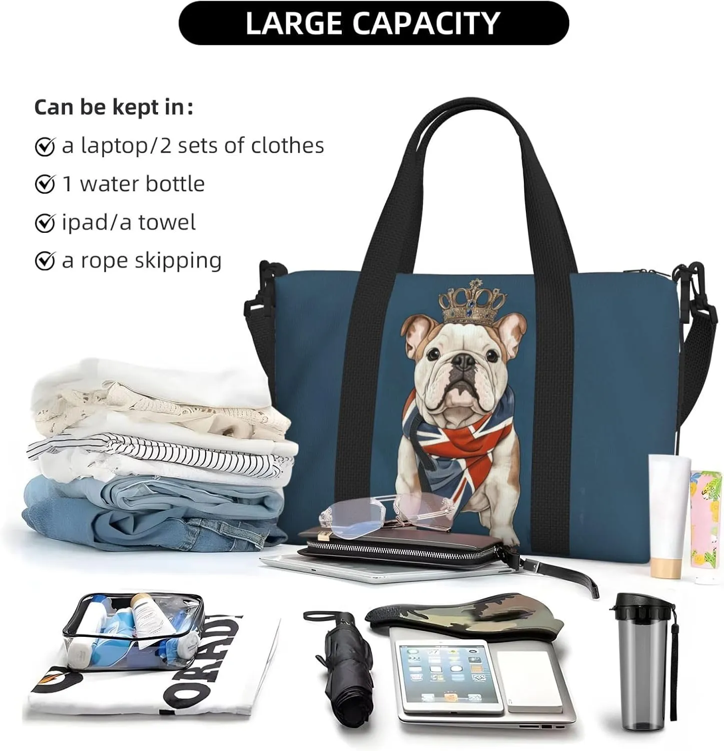 cute British bulldog print Travel Duffel Bag, Sports Tote Gym Bag, Swim Pool Bag Large Shoulder Tote Bag for Beach Weekender