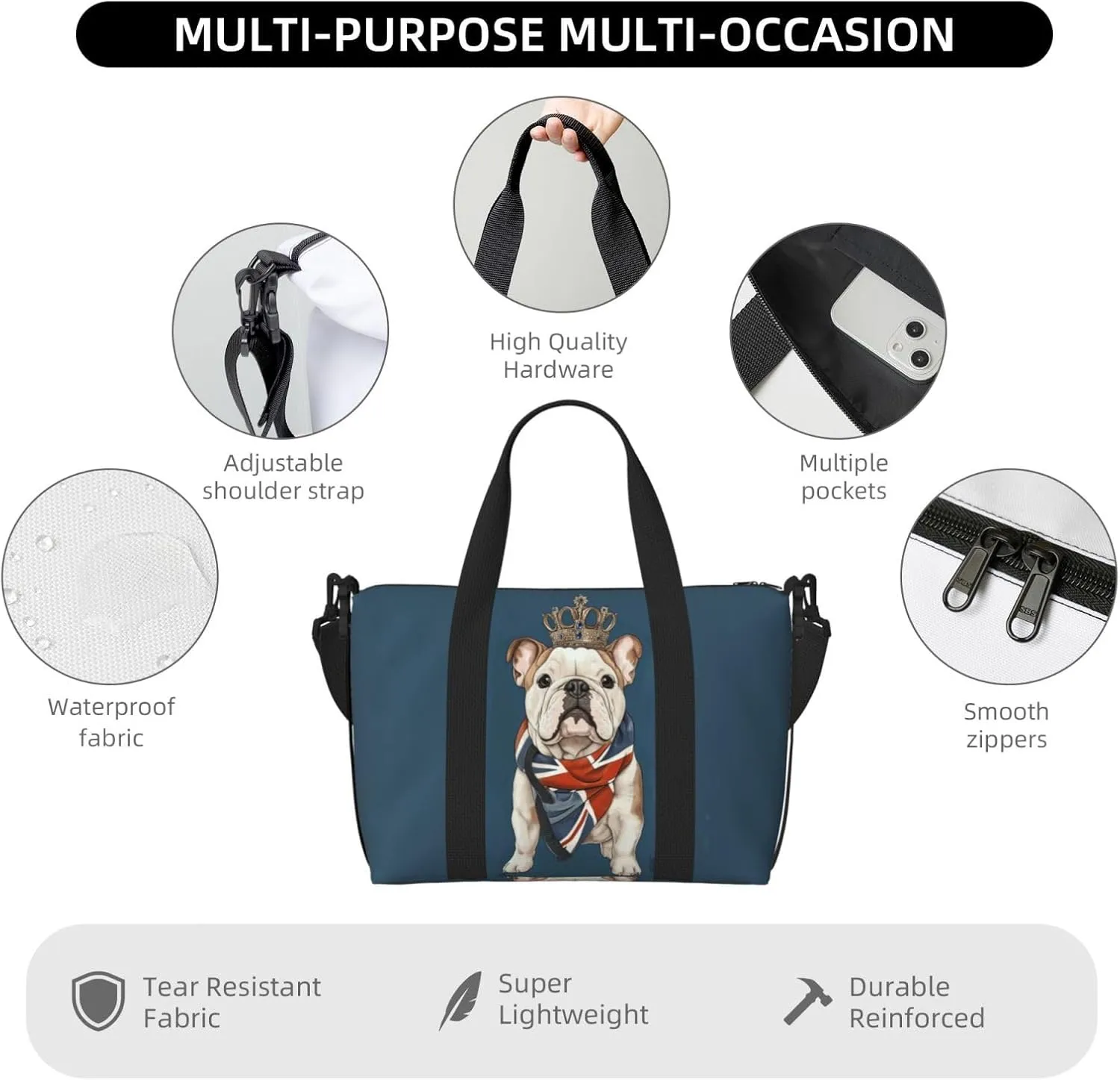 cute British bulldog print Travel Duffel Bag, Sports Tote Gym Bag, Swim Pool Bag Large Shoulder Tote Bag for Beach Weekender