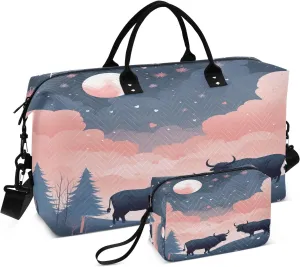 Cute Cartoon Bison Travel Duffel Bags Gym Bag Weekender Handbag with Toiletry Bag for Women Girls Men