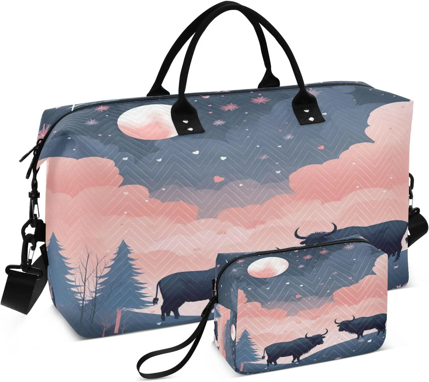 Cute Cartoon Bison Travel Duffel Bags Gym Bag Weekender Handbag with Toiletry Bag for Women Girls Men