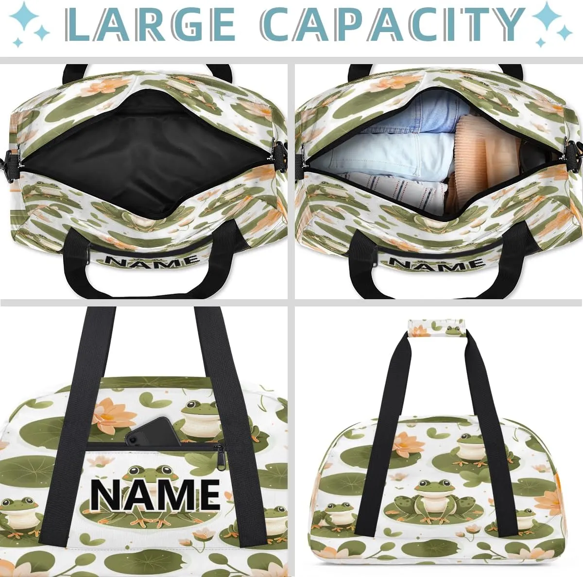Cute Cartoon Frog Mini Gym Bag 18 inch for Women Men Waterproof Custom Frog Travel Duffel Bag Carry On Overnight Tote Nurse Bag for Work Fitness Hiking