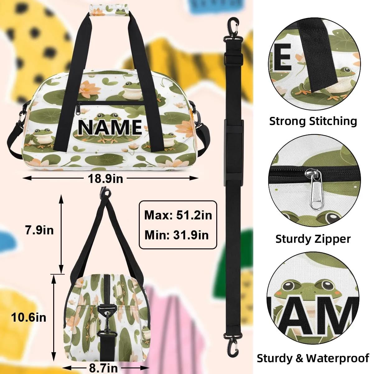 Cute Cartoon Frog Mini Gym Bag 18 inch for Women Men Waterproof Custom Frog Travel Duffel Bag Carry On Overnight Tote Nurse Bag for Work Fitness Hiking