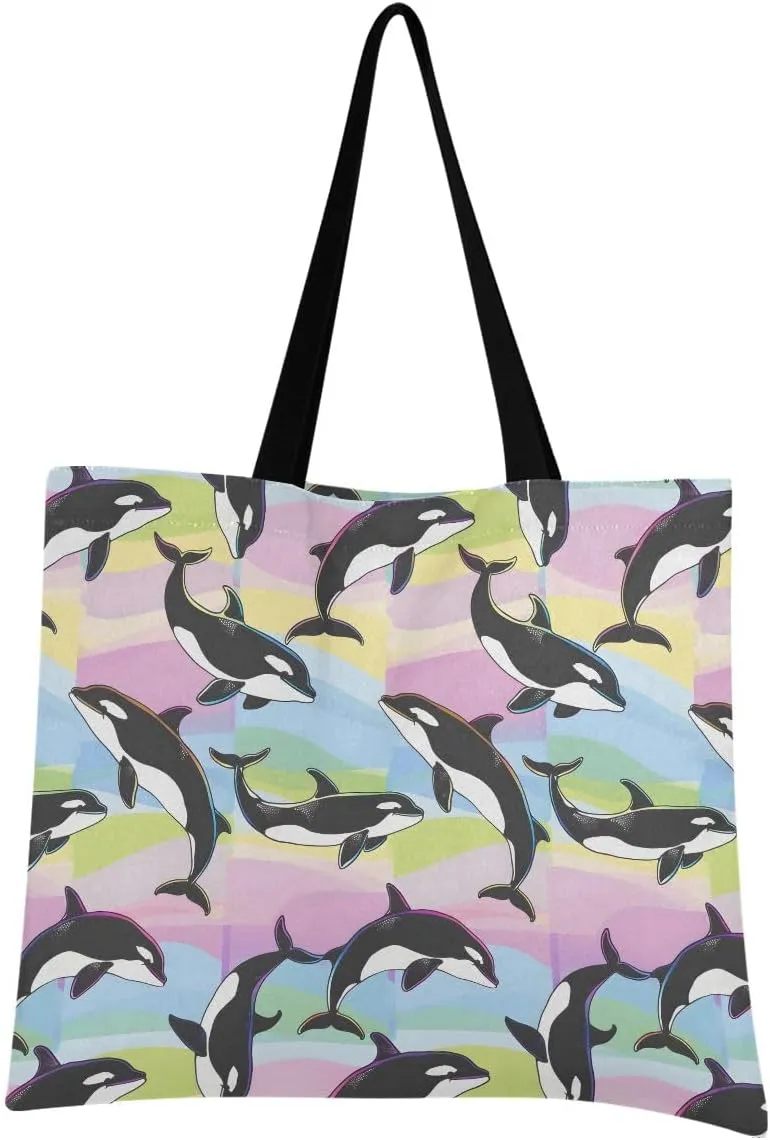 Cute Cartoon Killer Whale Canvas Tote Bag for Women, Reusable Grocery Bag Casual Shoulder Bag for Shopping Travel