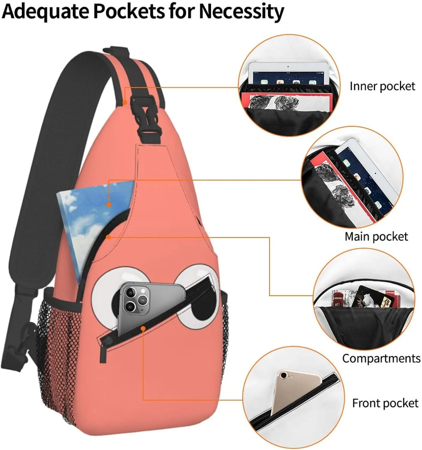 Cute Funny Cartoon Sketch Eyes Crossbody Bag Cross Chest Bag Adjustable Sling Backpack Sports Gym Shoulder Bags Travel Cycling Daypack Diagonally Casual Rucksack