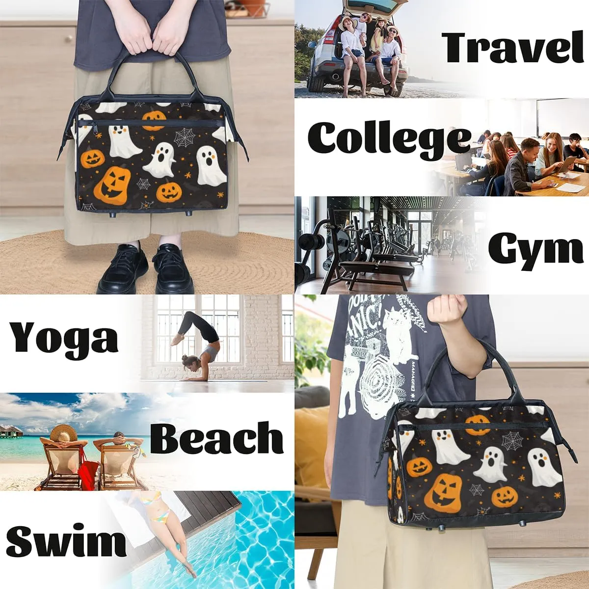 Cute Halloween Ghosts Pumpkins Weekender Overnight Bag for Women Waterproof Carry On Travel Duffle Bags with Pocket Lightweight Sports Gym Tote Bag Large Luggage Workout Personal Item Hospital Bags