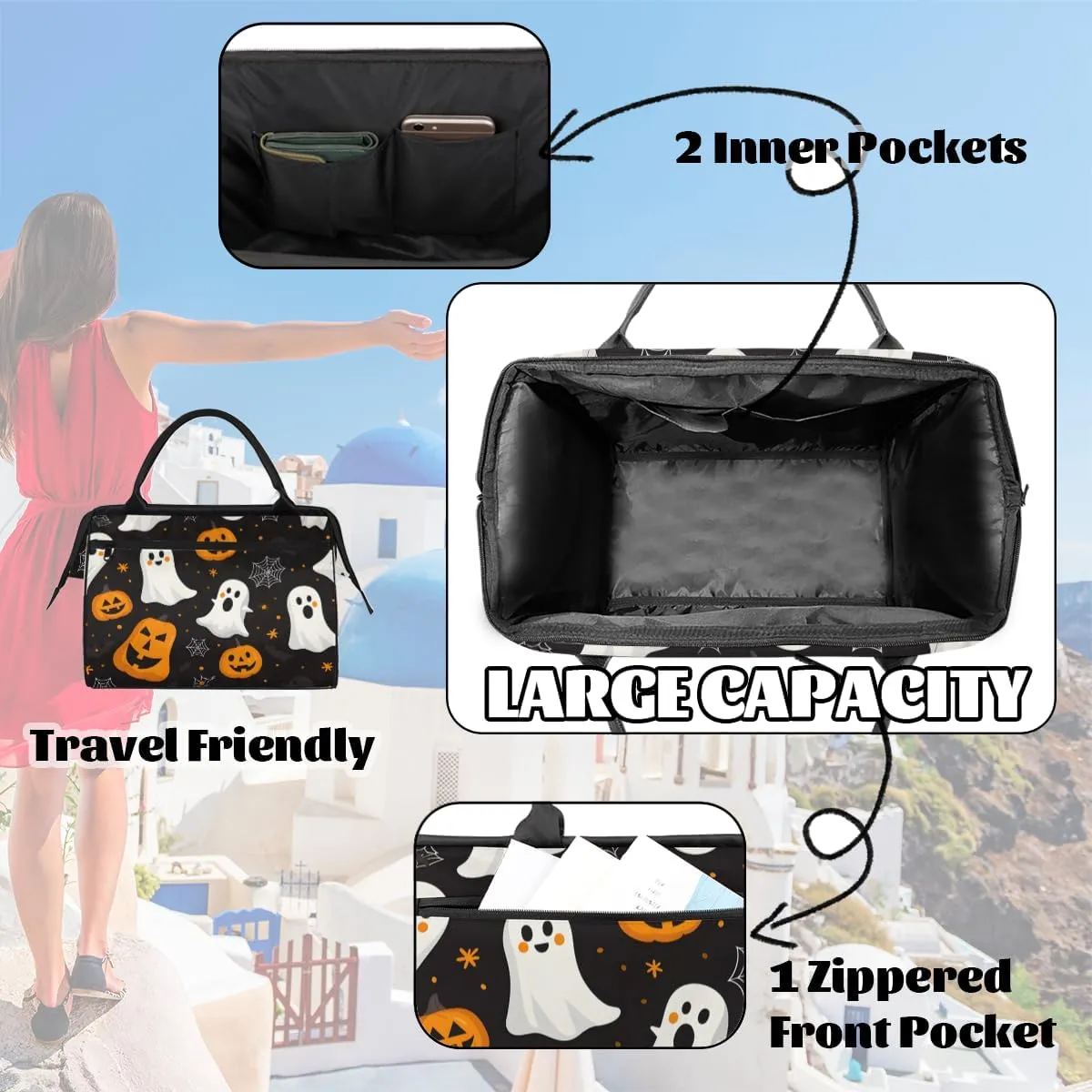 Cute Halloween Ghosts Pumpkins Weekender Overnight Bag for Women Waterproof Carry On Travel Duffle Bags with Pocket Lightweight Sports Gym Tote Bag Large Luggage Workout Personal Item Hospital Bags