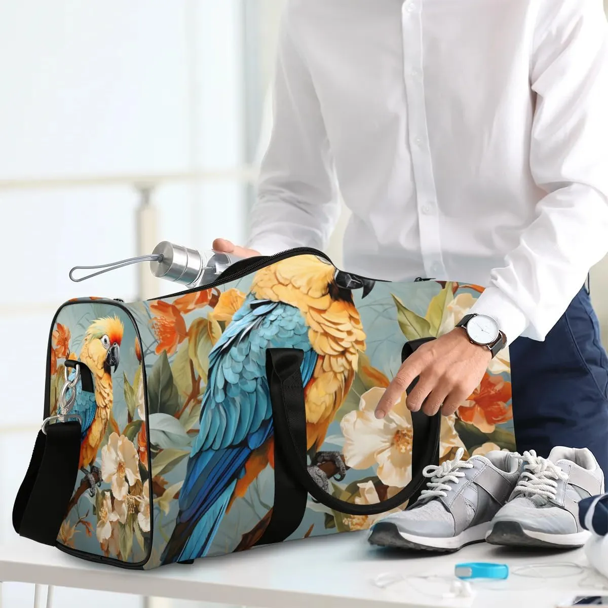 Cute Parrot Travel Duffel Bag for Women Men Waterproof Foldable Overnight Weekender Bag Large Capacity Sports Gym Bag
