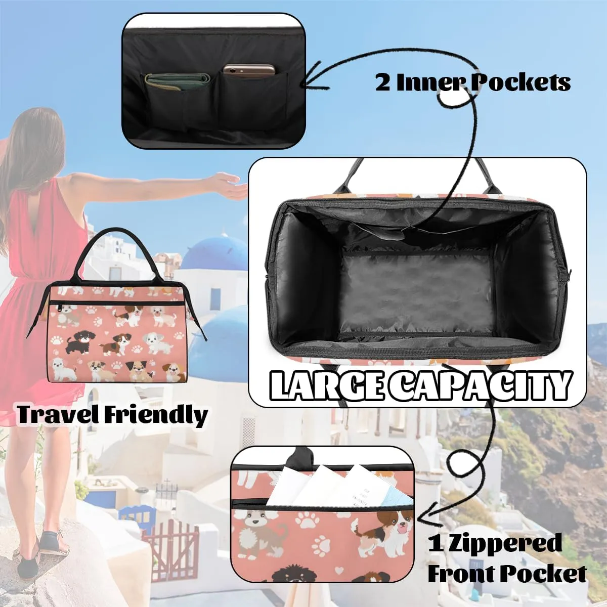 Cute Pink Animal Puppy Weekender Overnight Bag for Women Waterproof Carry On Travel Duffle Bags with Pocket Lightweight Sports Gym Tote Bag Large Luggage Workout Personal Item Hospital Bags