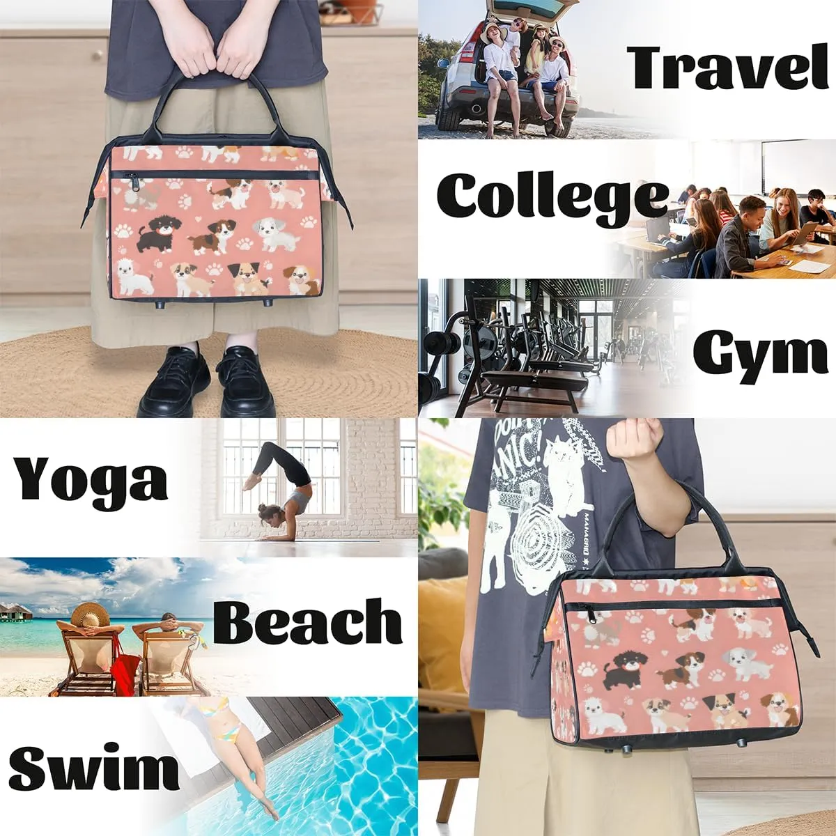 Cute Pink Animal Puppy Weekender Overnight Bag for Women Waterproof Carry On Travel Duffle Bags with Pocket Lightweight Sports Gym Tote Bag Large Luggage Workout Personal Item Hospital Bags