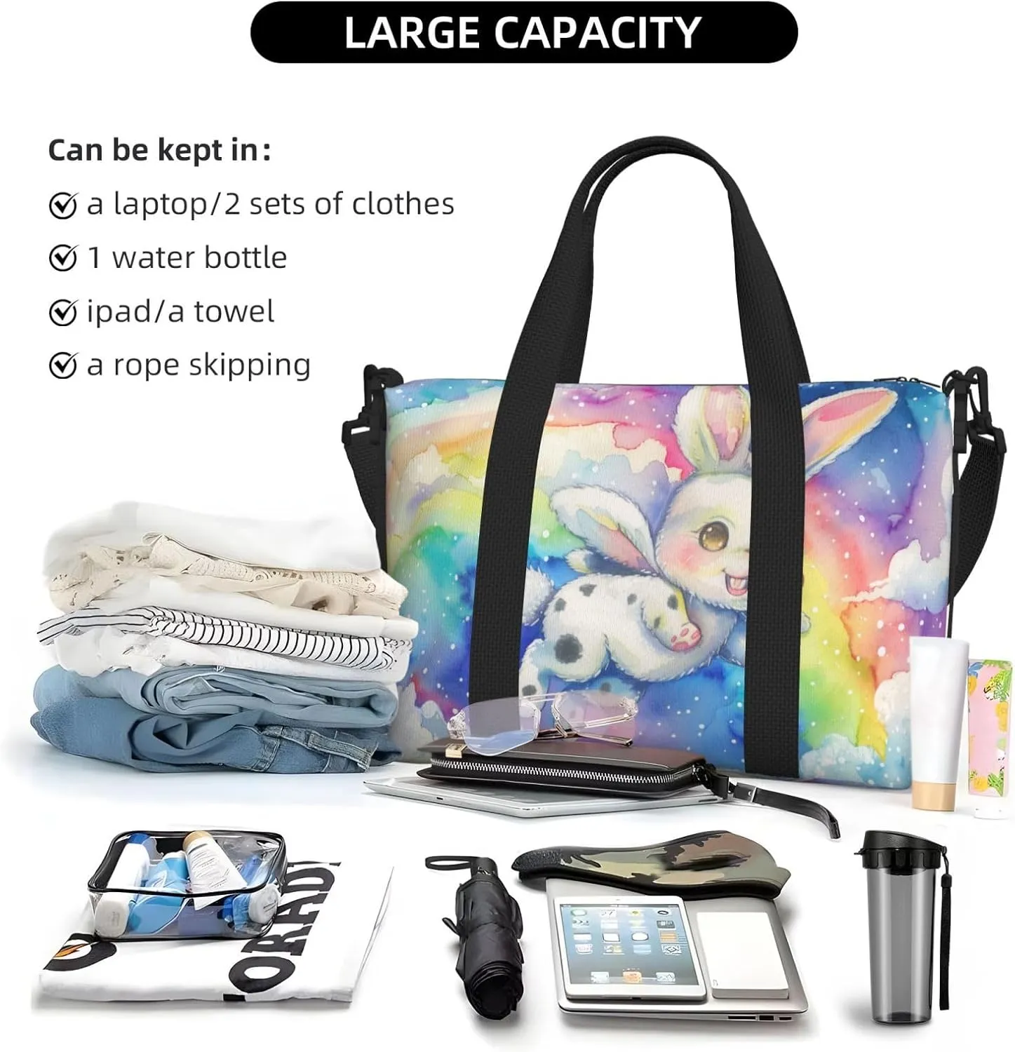 cute rabbit print Travel Duffel Bag, Sports Tote Gym Bag, Swim Pool Bag Large Shoulder Tote Bag for Beach Weekender