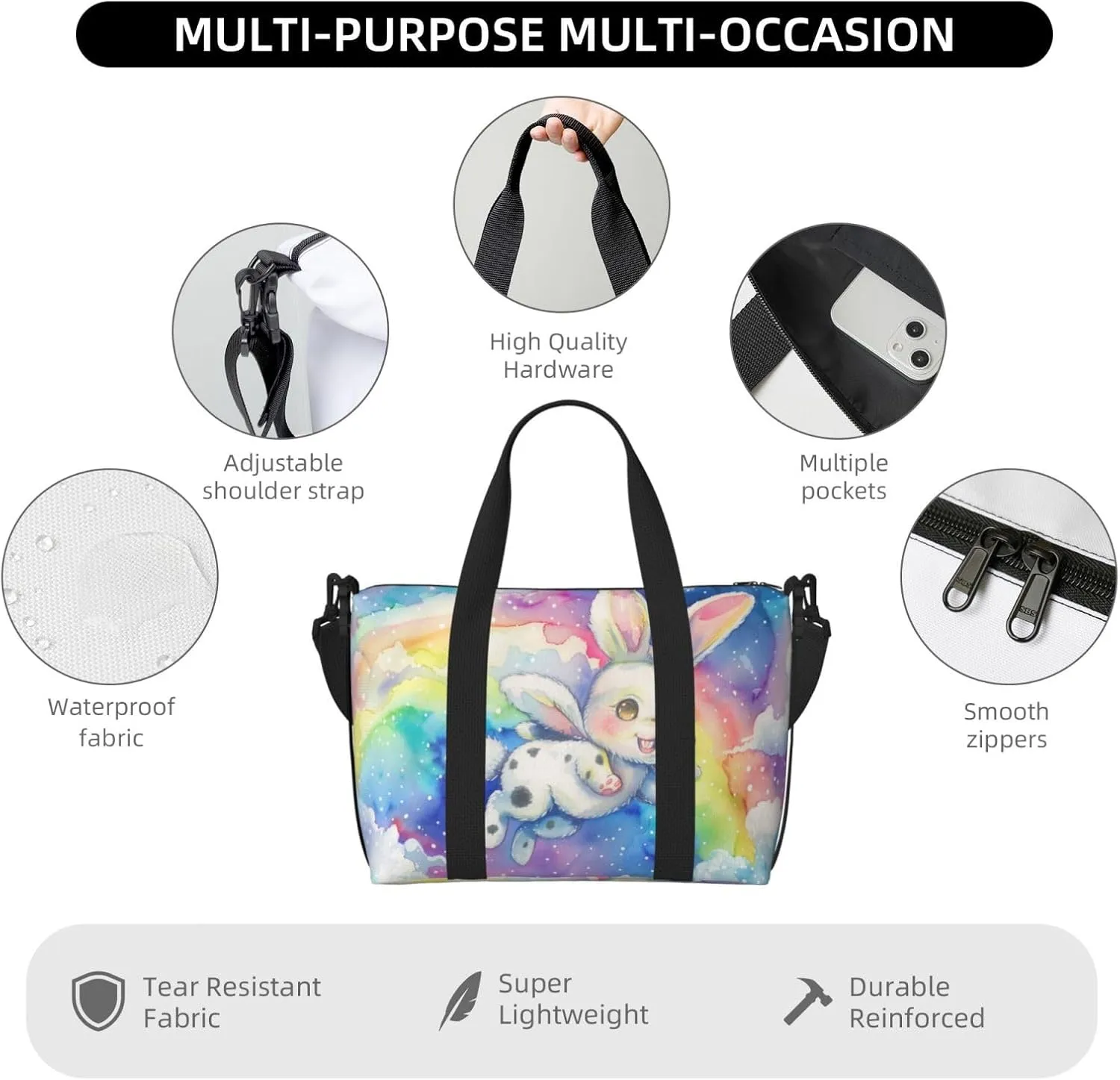cute rabbit print Travel Duffel Bag, Sports Tote Gym Bag, Swim Pool Bag Large Shoulder Tote Bag for Beach Weekender