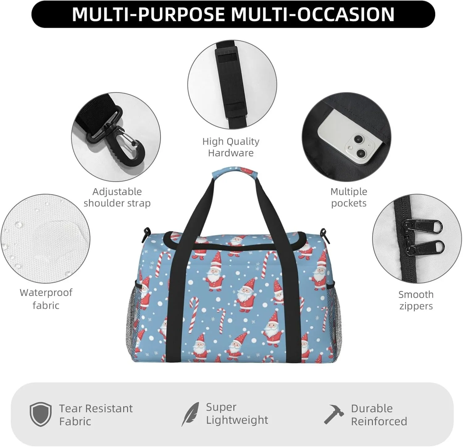 Cute Santa Claus Travel Weekender Overnight Bags Foldable Hand Travel Bag Sport Gym Duffel Bag For Men Women