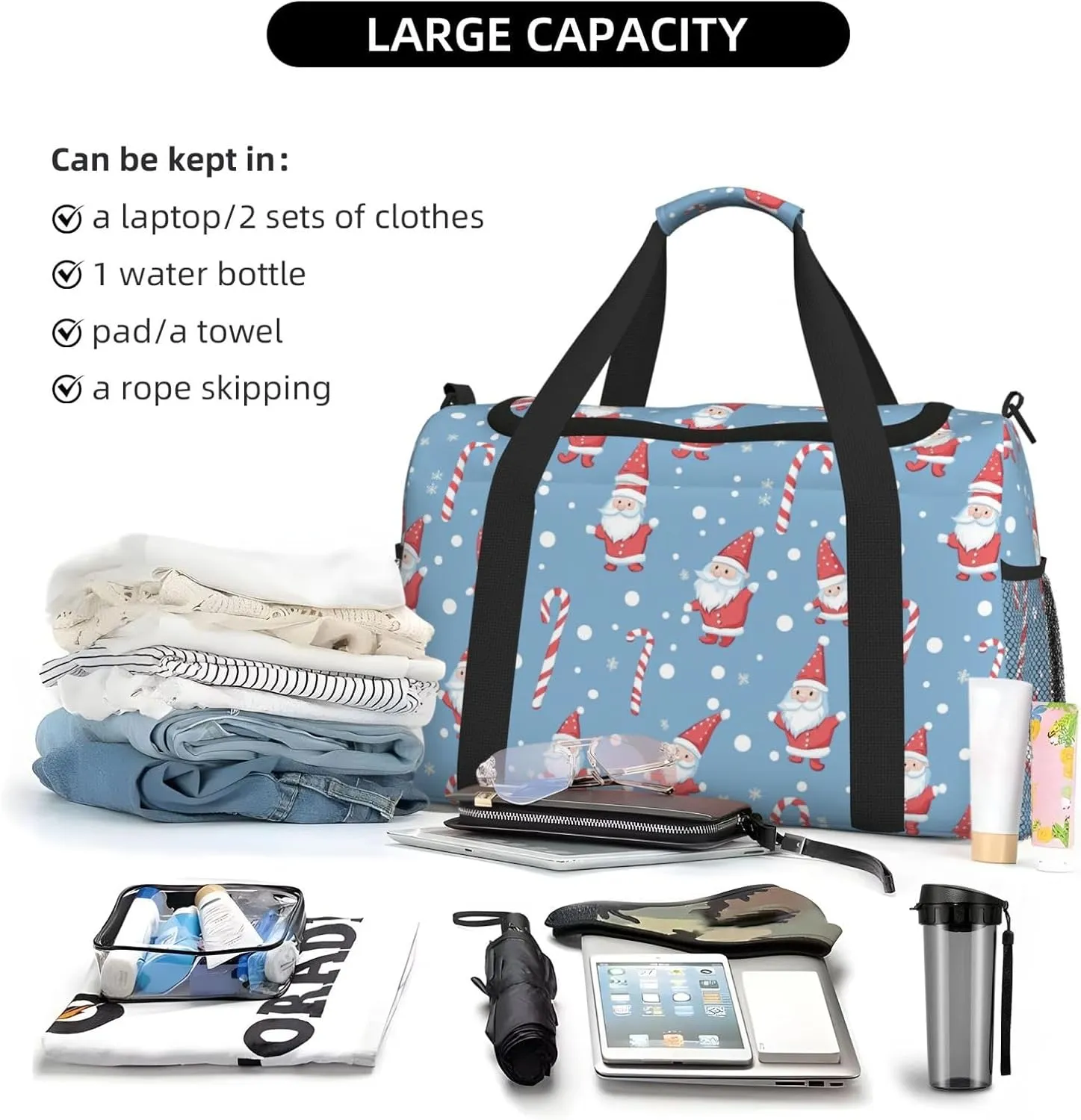 Cute Santa Claus Travel Weekender Overnight Bags Foldable Hand Travel Bag Sport Gym Duffel Bag For Men Women