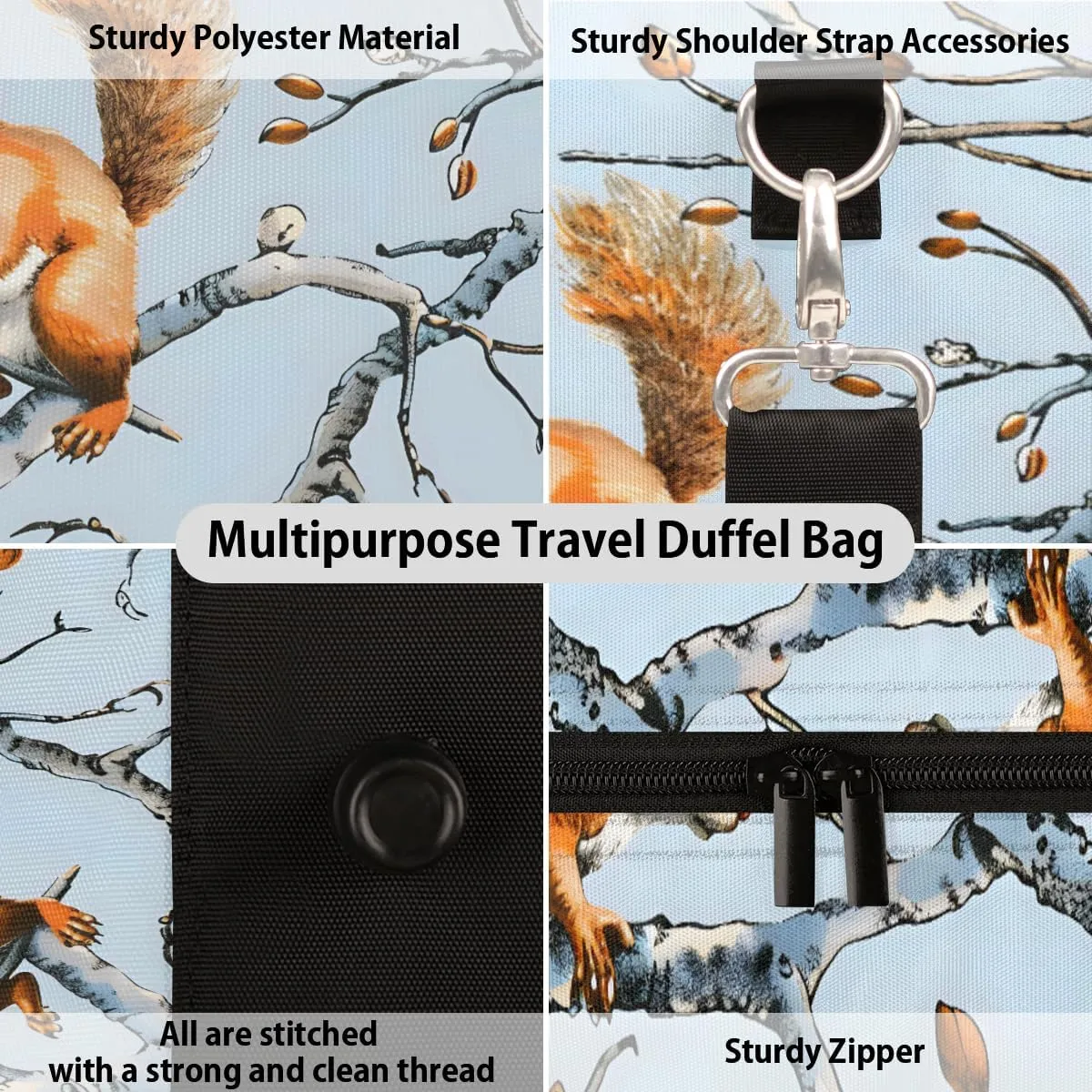Cute Squirrel Travel Duffle Bag for Women Men Gym Duffel Foldable Bag Waterproof Weekender Fall Trees Duffle Tote