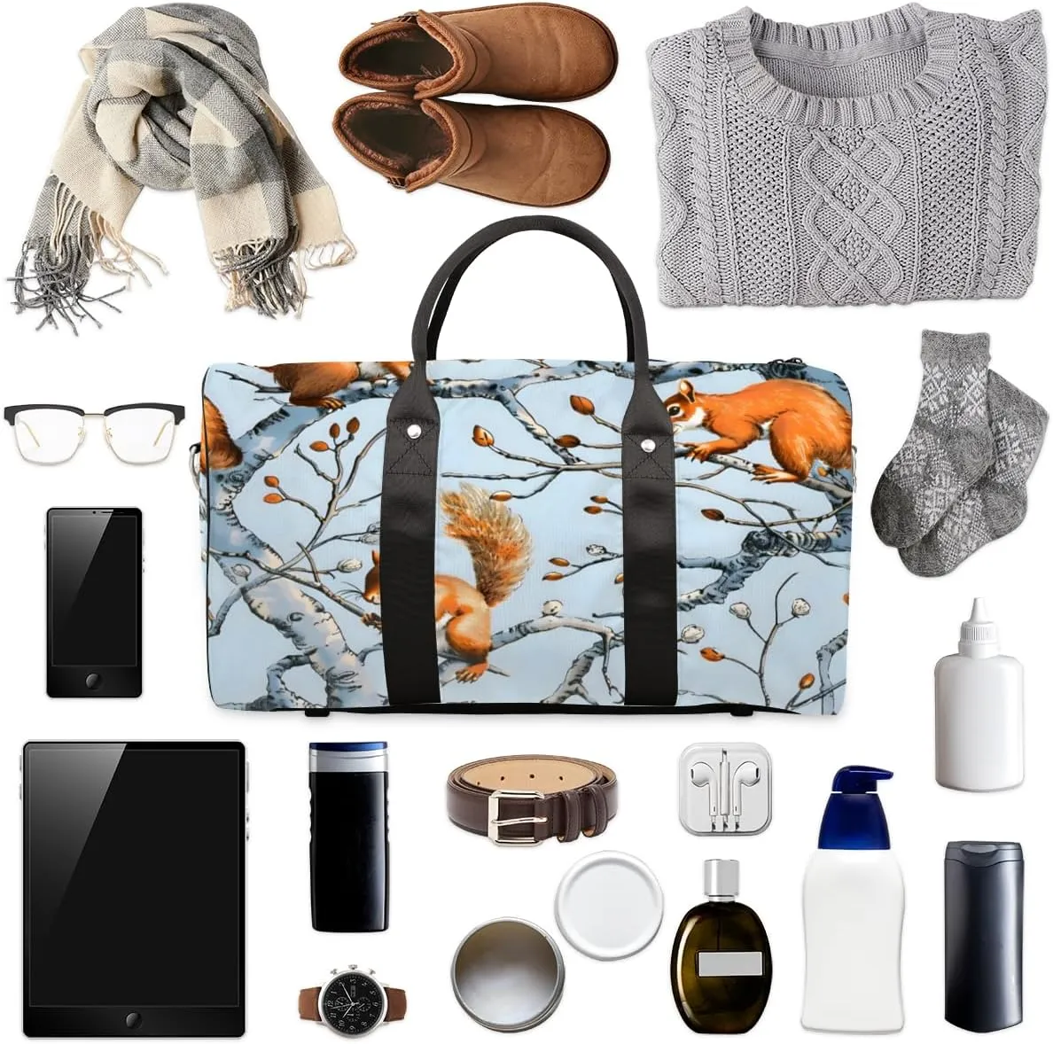 Cute Squirrel Travel Duffle Bag for Women Men Gym Duffel Foldable Bag Waterproof Weekender Fall Trees Duffle Tote