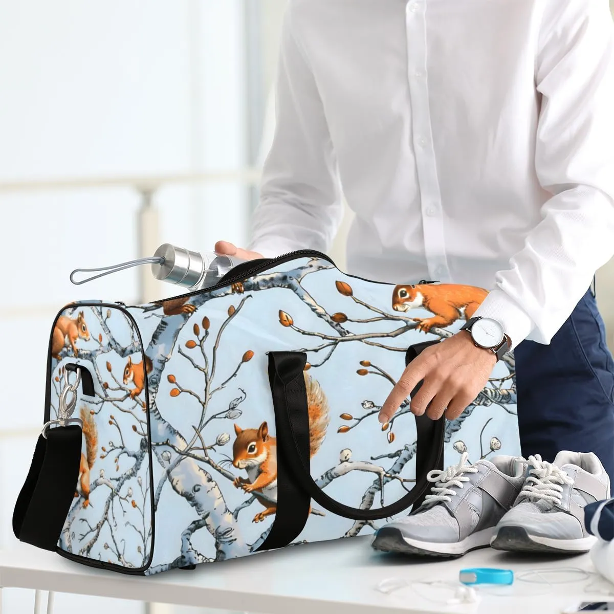 Cute Squirrel Travel Duffle Bag for Women Men Gym Duffel Foldable Bag Waterproof Weekender Fall Trees Duffle Tote