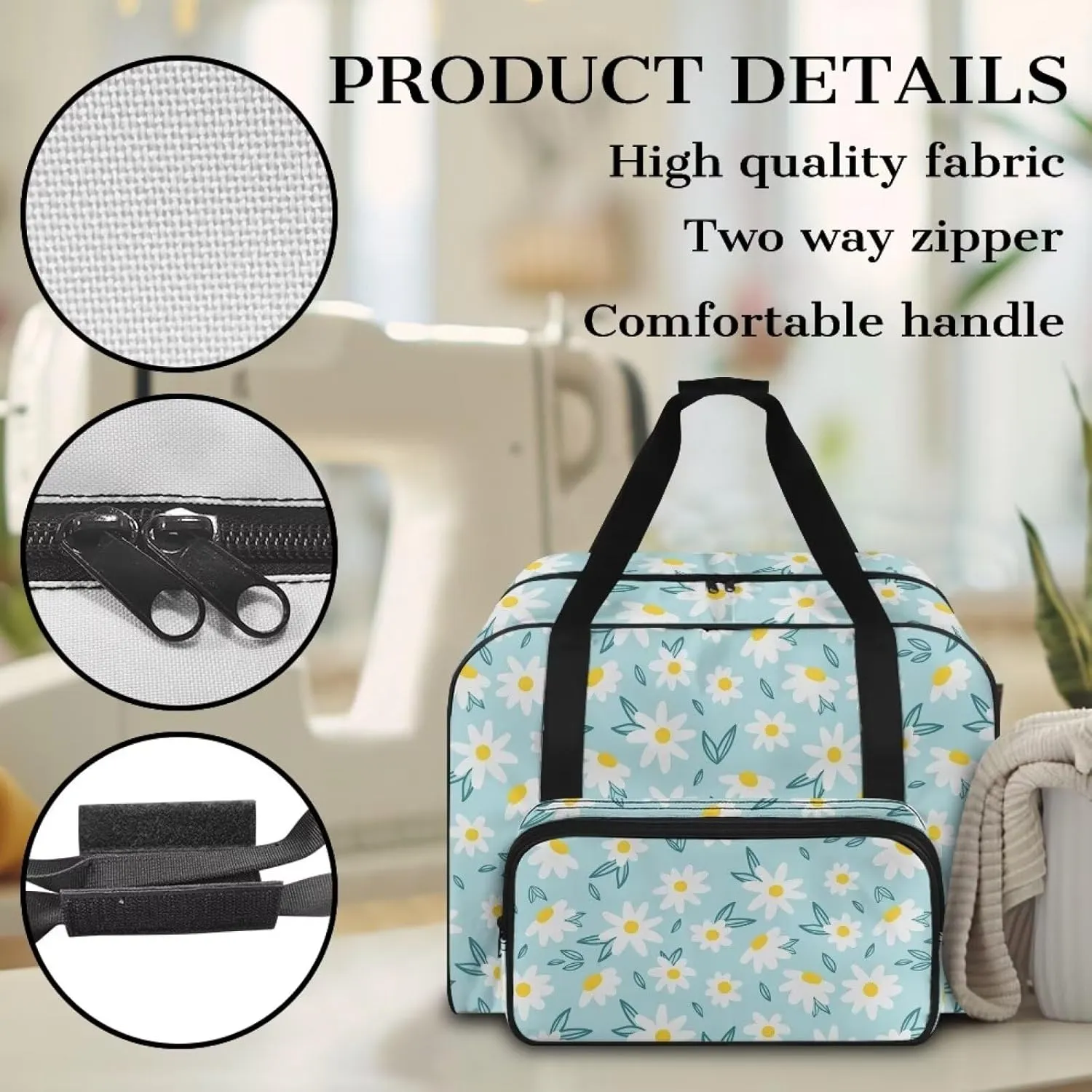 Daisy Blue Butterflies Sewing Machine Case, Universal Travel Bag，Lightweight Dustproof Compatible for Most Standard Sewing Machines