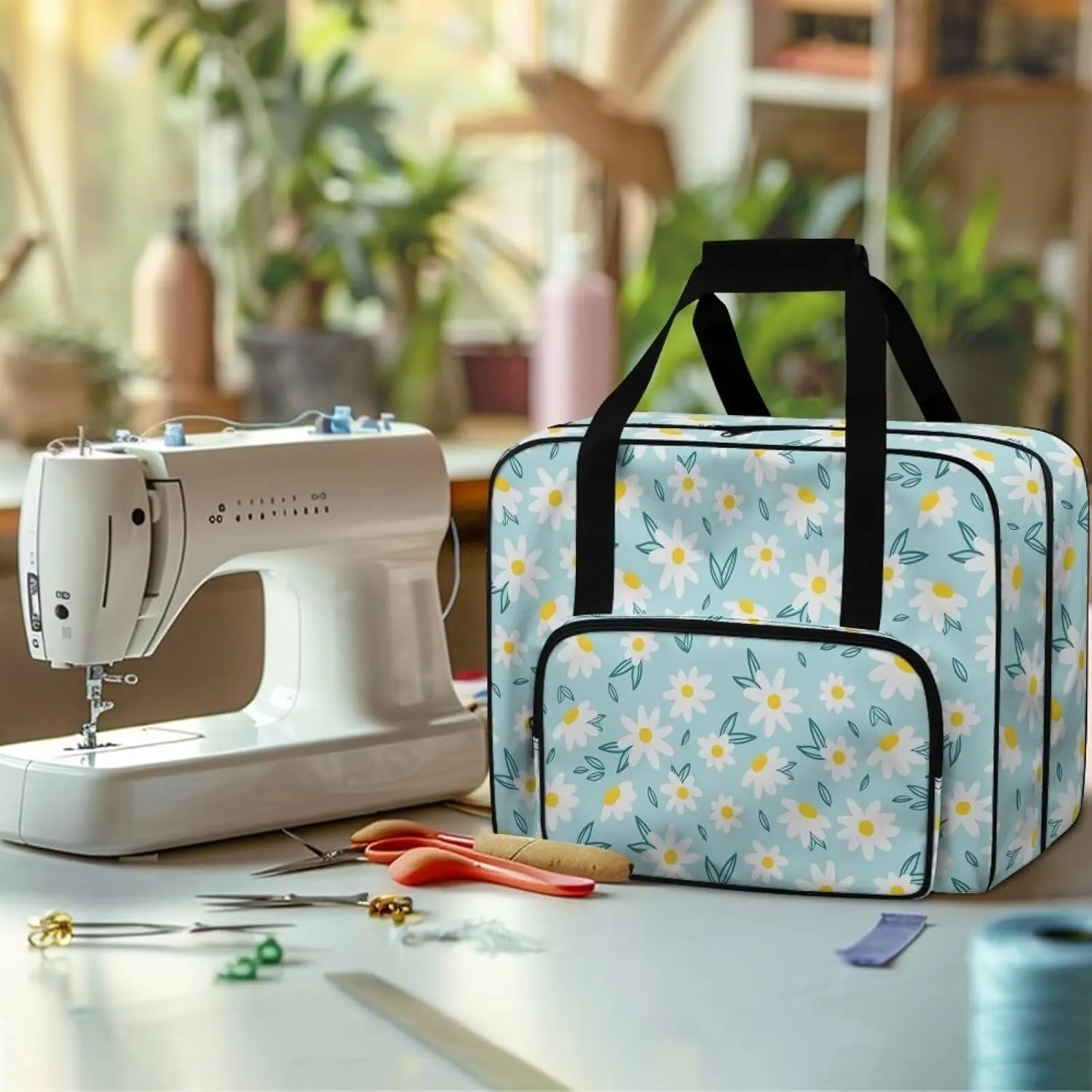Daisy Blue Butterflies Sewing Machine Case, Universal Travel Bag，Lightweight Dustproof Compatible for Most Standard Sewing Machines