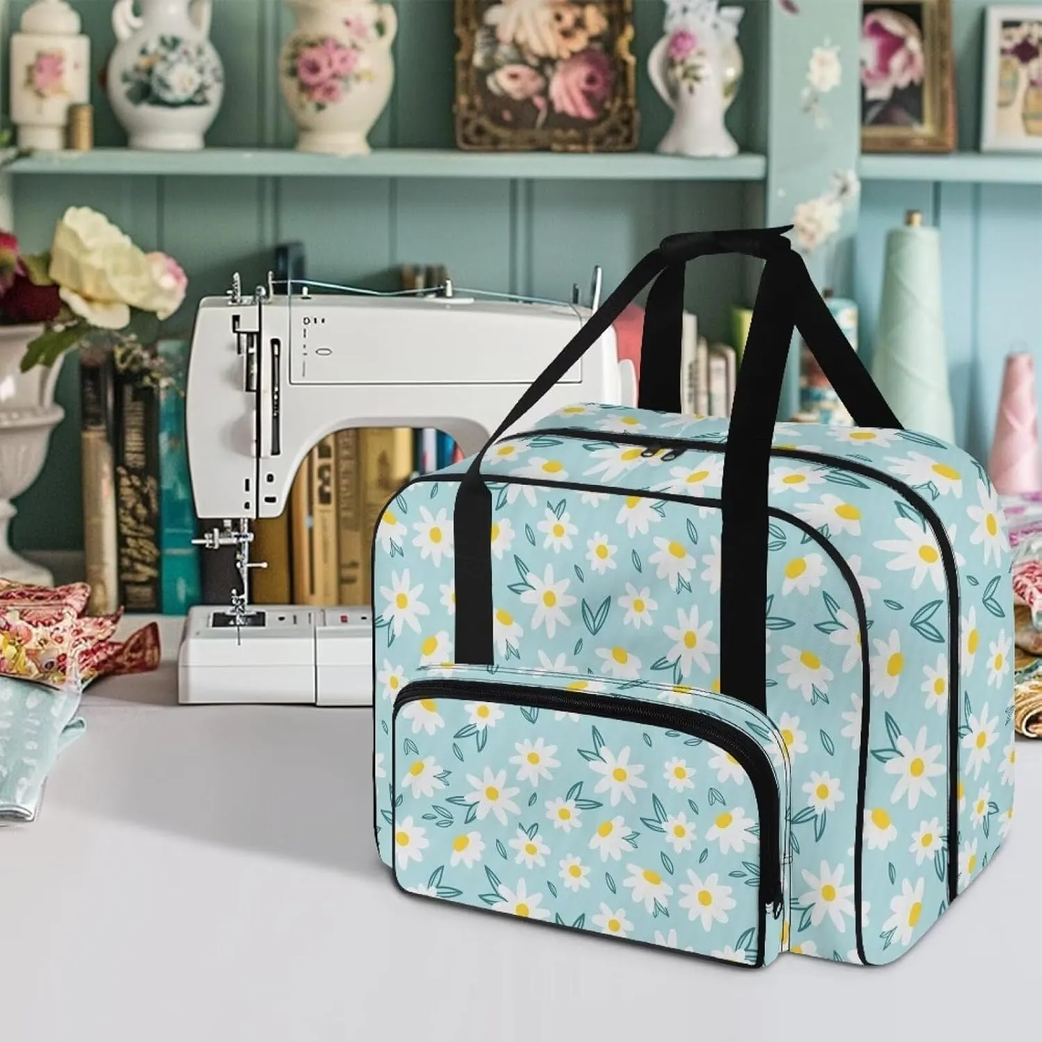 Daisy Blue Butterflies Sewing Machine Case, Universal Travel Bag，Lightweight Dustproof Compatible for Most Standard Sewing Machines