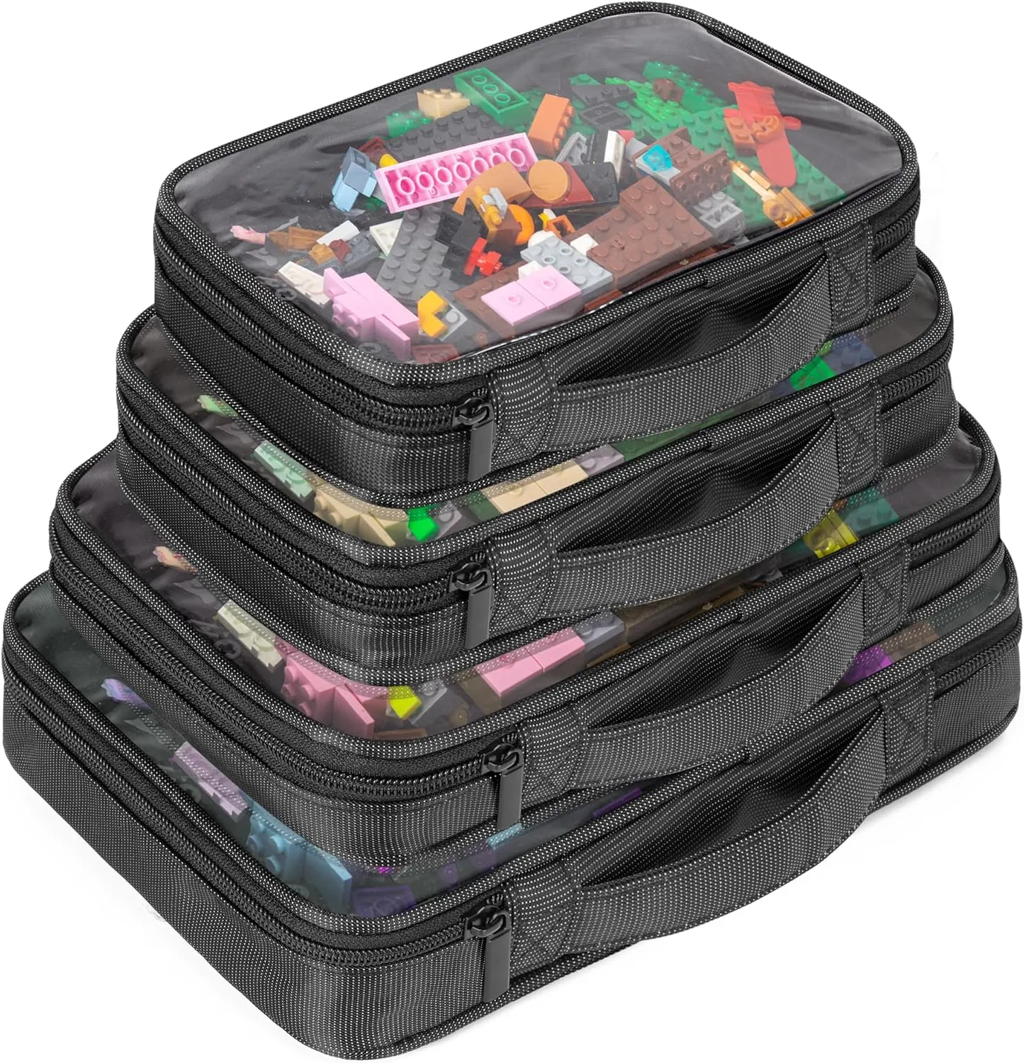 Damero 4 Packs Toy Carry Case, Toy Storage Bags with Zipper, Toy Building Blocks Board Games Storage Case, Clear Toy Organizer Bags for Travel, Playroom, Classroom, Home Organization, Black(Bag Only)
