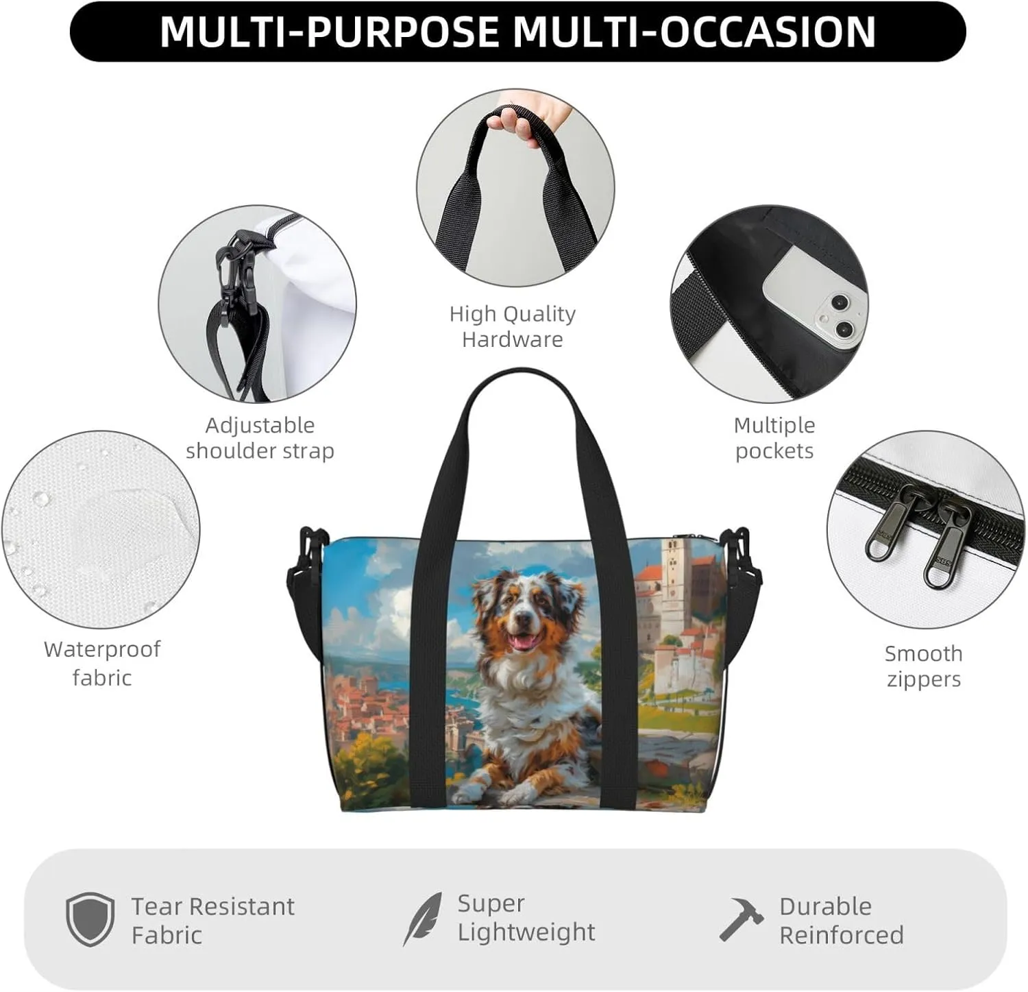 darling cheerful Australian Shepherd print Travel Duffel Bag, Sports Tote Gym Bag, Swim Pool Bag Large Shoulder Tote Bag for Beach Weekender, 202-406-121