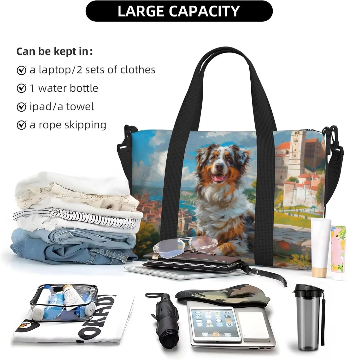 darling cheerful Australian Shepherd print Travel Duffel Bag, Sports Tote Gym Bag, Swim Pool Bag Large Shoulder Tote Bag for Beach Weekender, 202-406-121