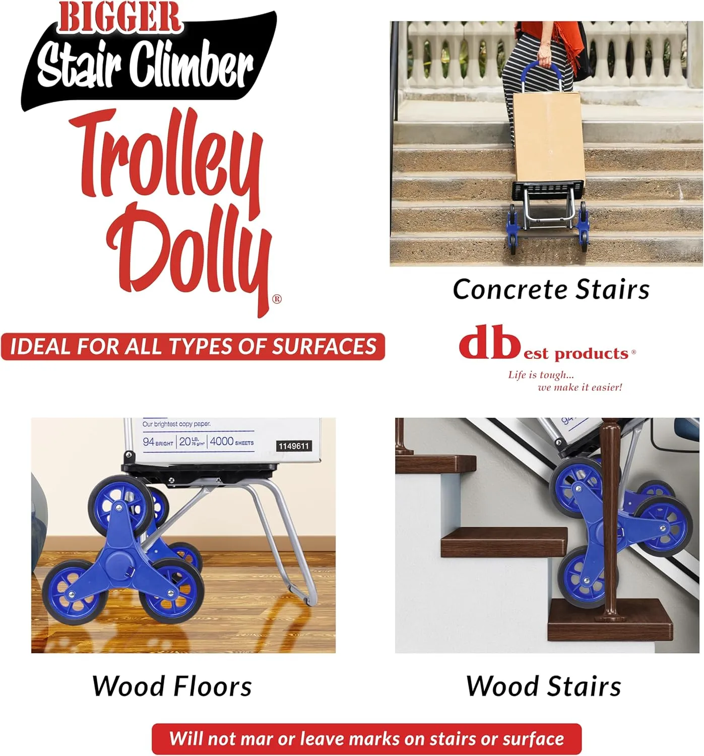 dbest products Stair Climber Bigger Trolley Dolly, Blue Shopping Grocery Foldable Cart Condo Apartment