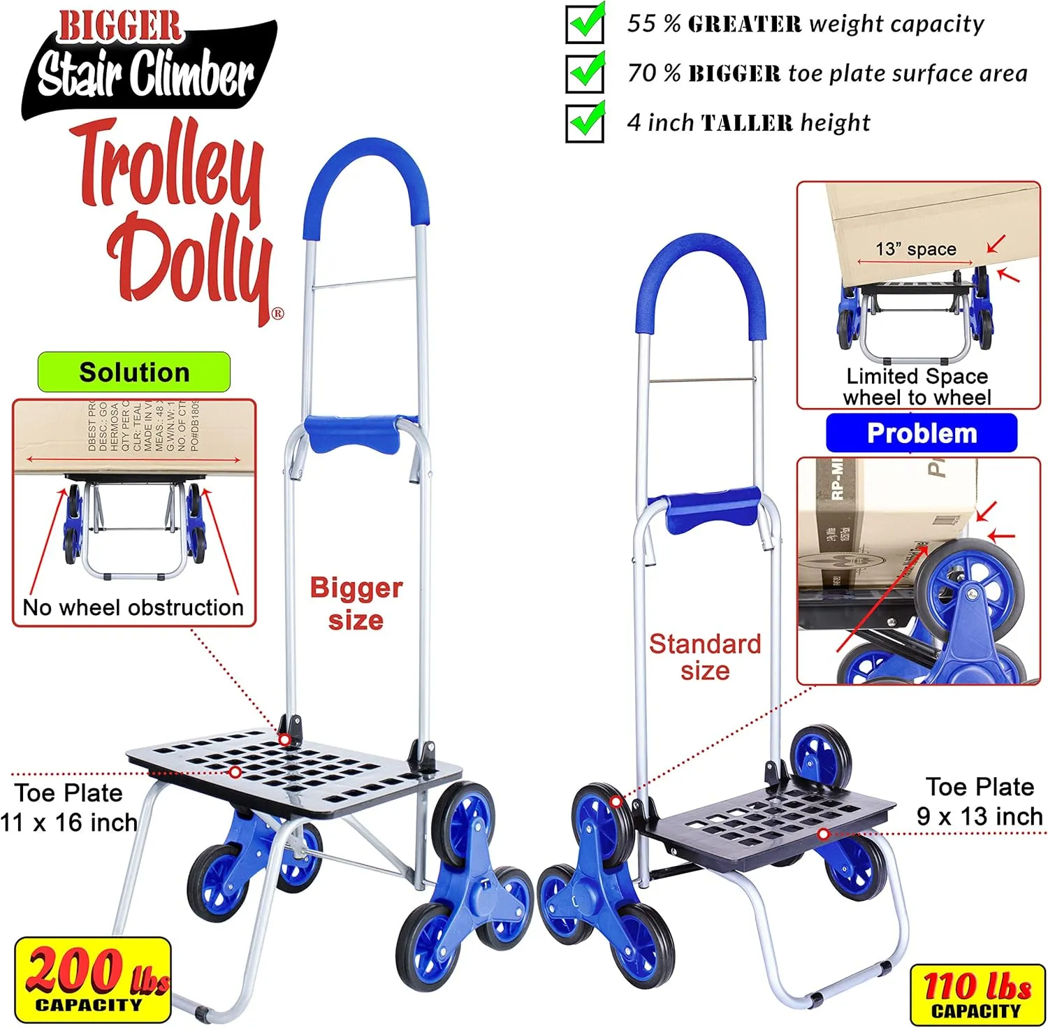 dbest products Stair Climber Bigger Trolley Dolly, Blue Shopping Grocery Foldable Cart Condo Apartment