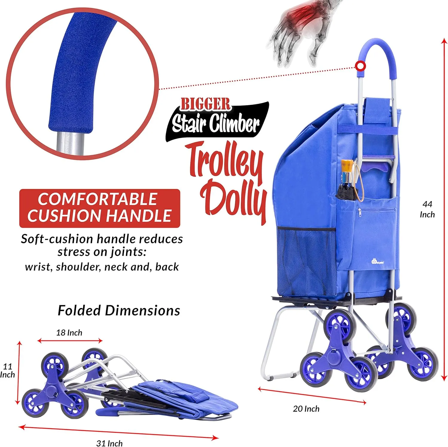dbest products Stair Climber Bigger Trolley Dolly, Blue Shopping Grocery Foldable Cart Condo Apartment