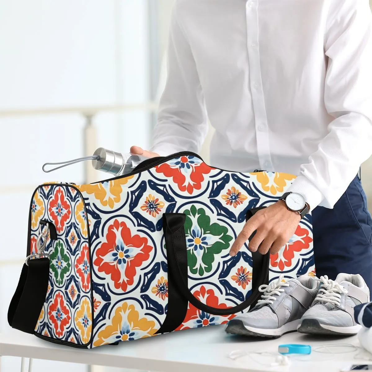 Decorative Pattern Travel Duffle Bag for Women Men Gym Duffel Foldable Bag Waterproof Weekender Tribe Geometrical Duffle Tote