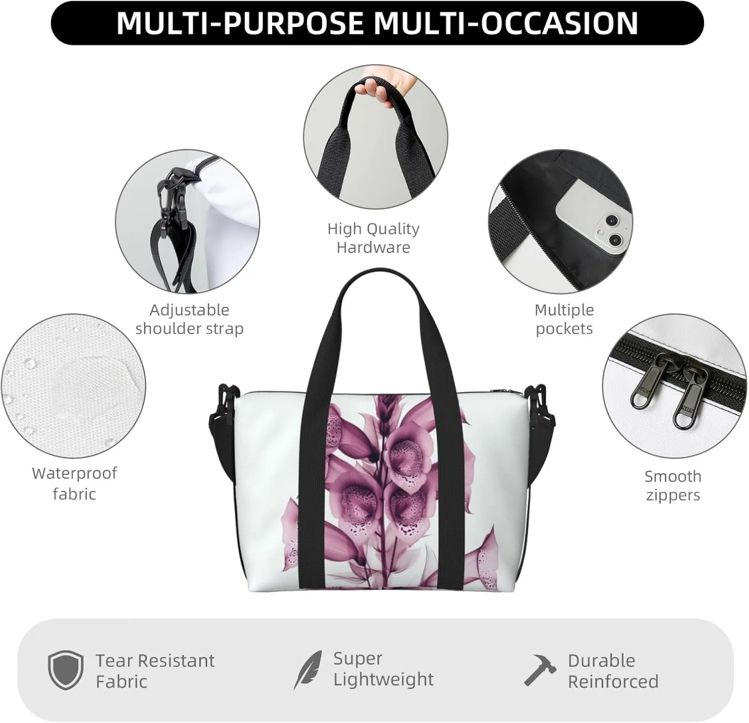 deep maroon foxglove spike print Travel Duffel Bag, Sports Tote Gym Bag, Swim Pool Bag Large Shoulder Tote Bag for Beach Weekender