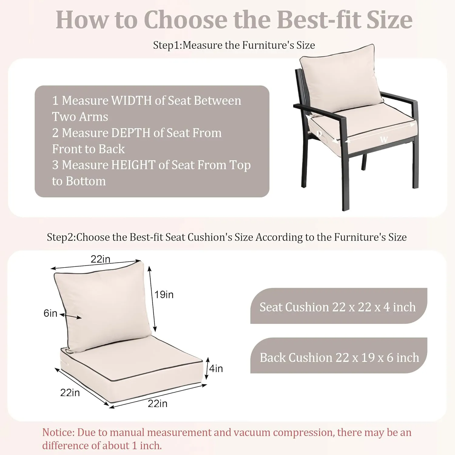 Deep Seat Patio Cushions 22 x 22Inch Waterproof Outdoor Chair Cushions Set of 2 Loveseat Cushions for Outdoor Furniture 4'' Thick Patio Furniture Cushion with Handle Straps, Cream Black Pipes