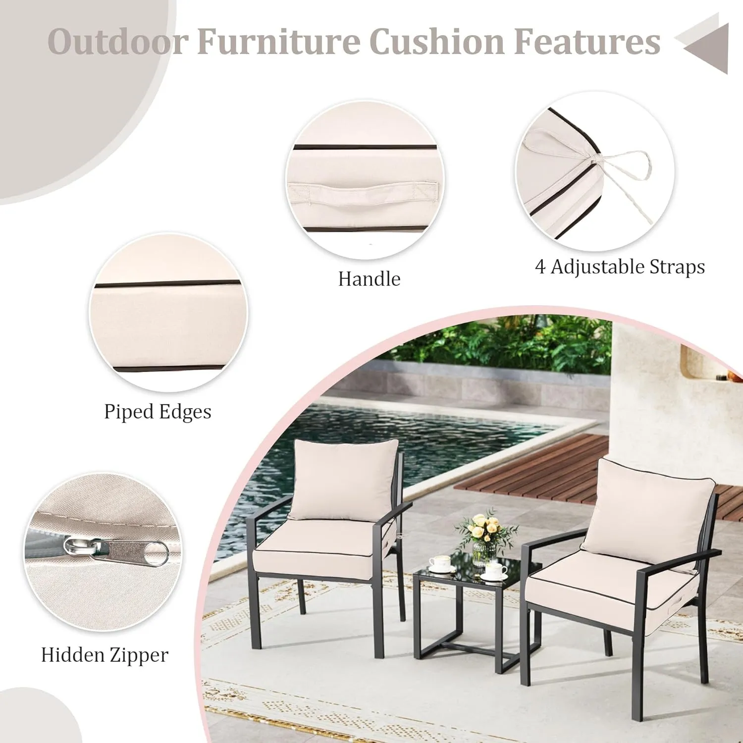 Deep Seat Patio Cushions 22 x 22Inch Waterproof Outdoor Chair Cushions Set of 2 Loveseat Cushions for Outdoor Furniture 4'' Thick Patio Furniture Cushion with Handle Straps, Cream Black Pipes