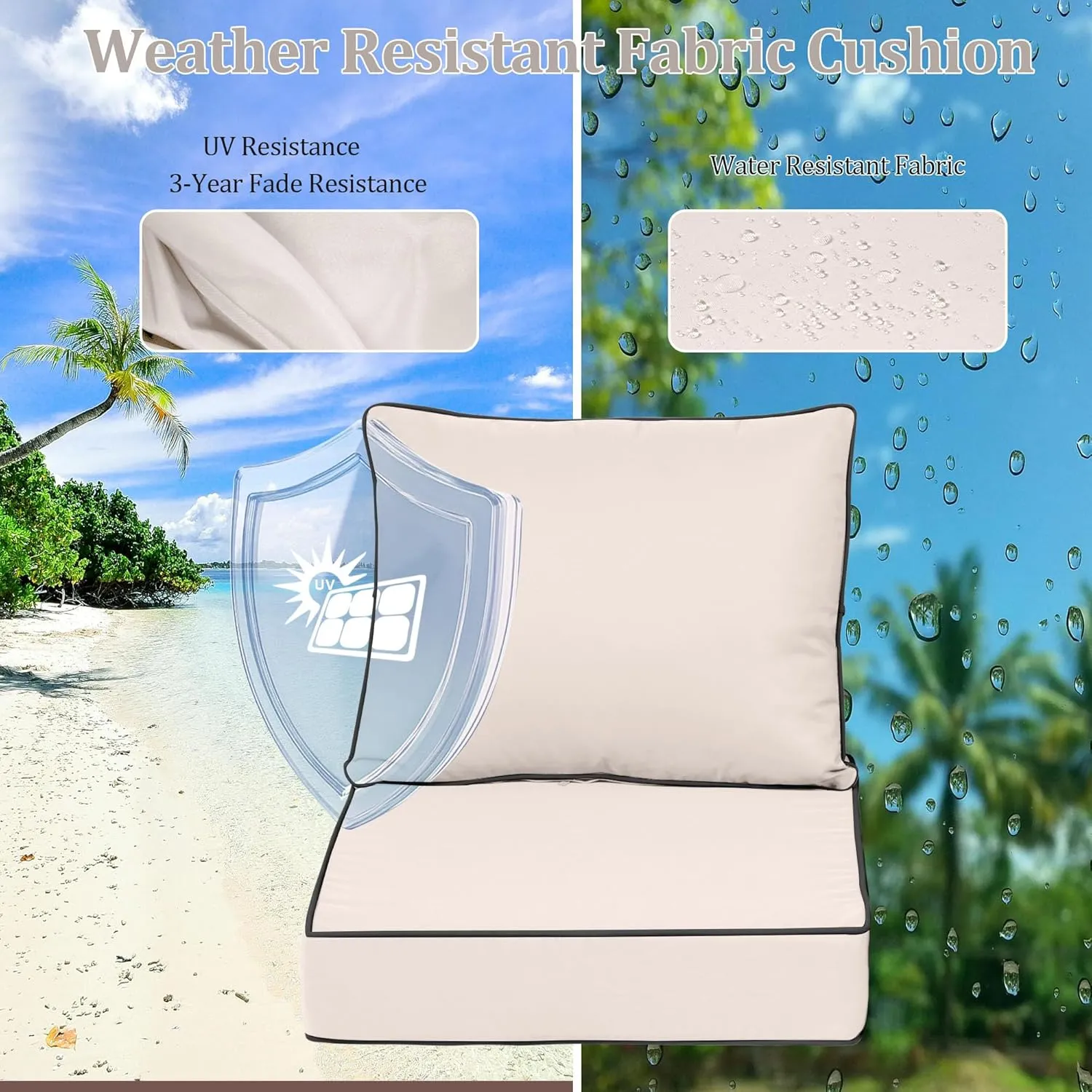 Deep Seat Patio Cushions 22 x 22Inch Waterproof Outdoor Chair Cushions Set of 2 Loveseat Cushions for Outdoor Furniture 4'' Thick Patio Furniture Cushion with Handle Straps, Cream Black Pipes