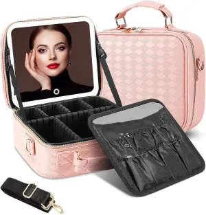 DESCHEN Travel Makeup Bag with Led Mirror, Makeup Organizer Cosmetic Train Case, PU Leather Makeup Case with 3 Light Modes & Dimmable Touch Control, Portable Make Up Box Water-Resistant (Pink)