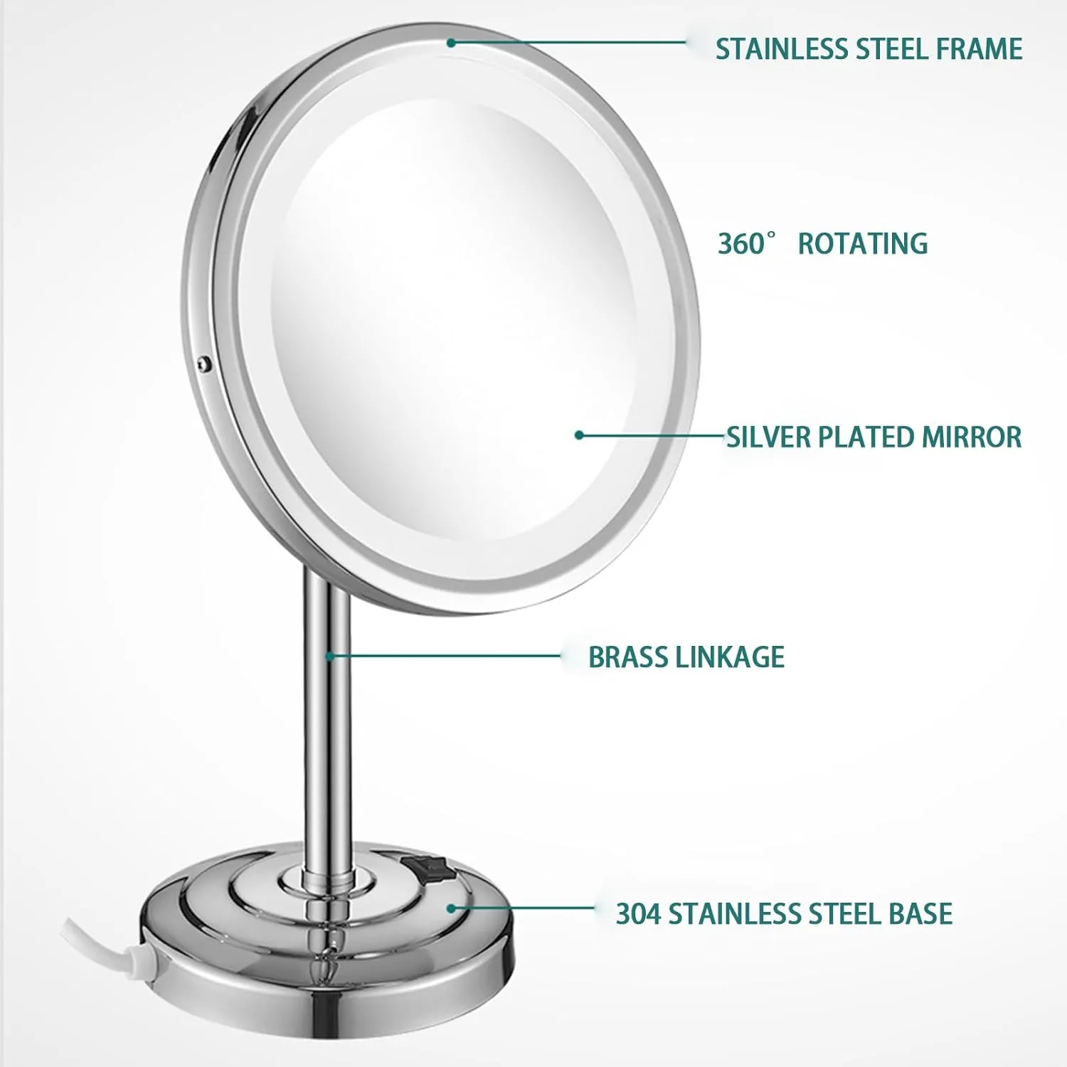 Desktop Makeup Mirror LED Single Sided Desktop Beauty Mirror Household Magnifying Mirror (White Light),Chrome,5X