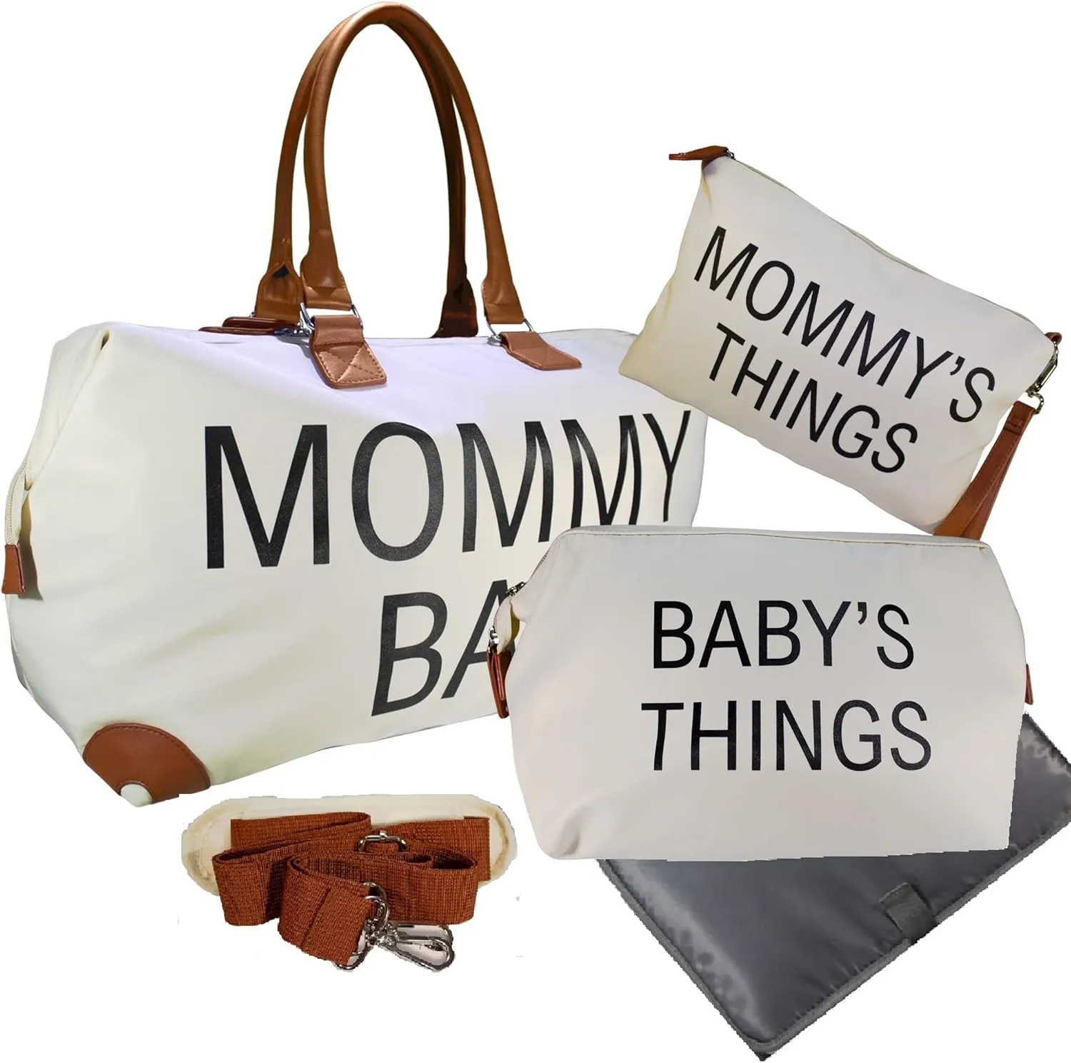 Diaper Bag Tote Set 4 items IMPROVED X-LARGE Capacity Mommy Bag Hospital Maternity and Weekender Bags Practical and Versatile Baby and Mom Things Bags Waterproof, Cream Beige (MB-C01)