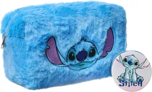 Disney Lilo & Stitch Makeup Bag & Mirror | Ladies Blue Fur Cosmetic Pouch with Stitch Character Face | Travel Beauty Case